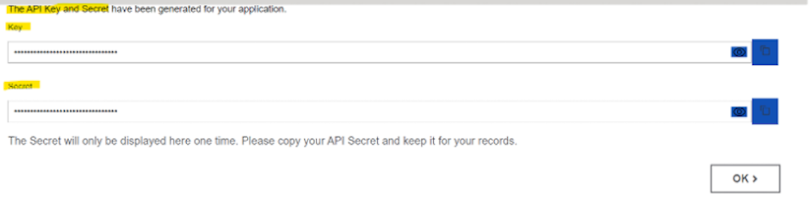 API key and secret screenshot